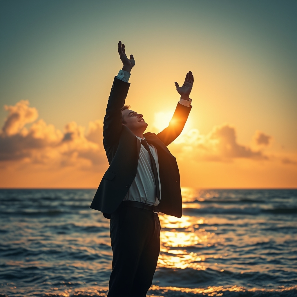 A person standing at the ocean shore at sunrise with arms raised toward the golden light, symbolizing faith in Jesus Christ as Lord and Savior.