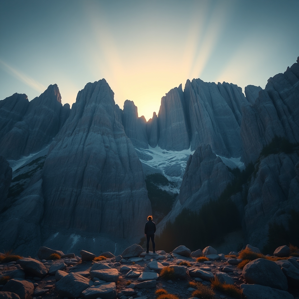A person standing before a majestic rocky mountain at sunrise, evoking the meaning of God as our Rock