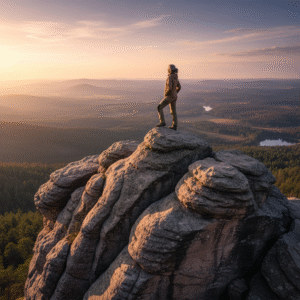 A person standing firmly on a large, weathered rock formation overlooking a vast, serene landscape bathed in golden hour light, symbolizing spiritual stability and unwavering faith.