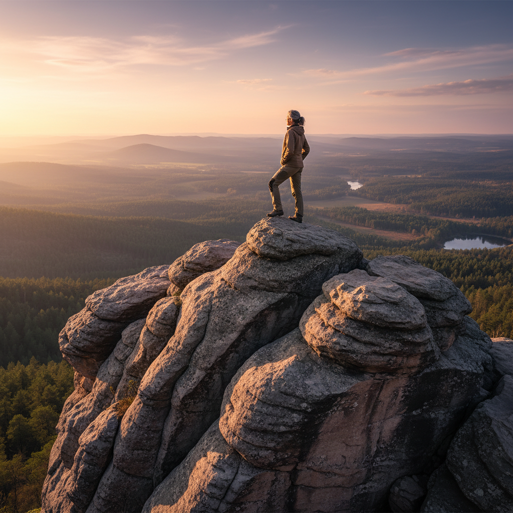 A person standing firmly on a large, weathered rock formation overlooking a vast, serene landscape bathed in golden hour light, symbolizing spiritual stability and unwavering faith.