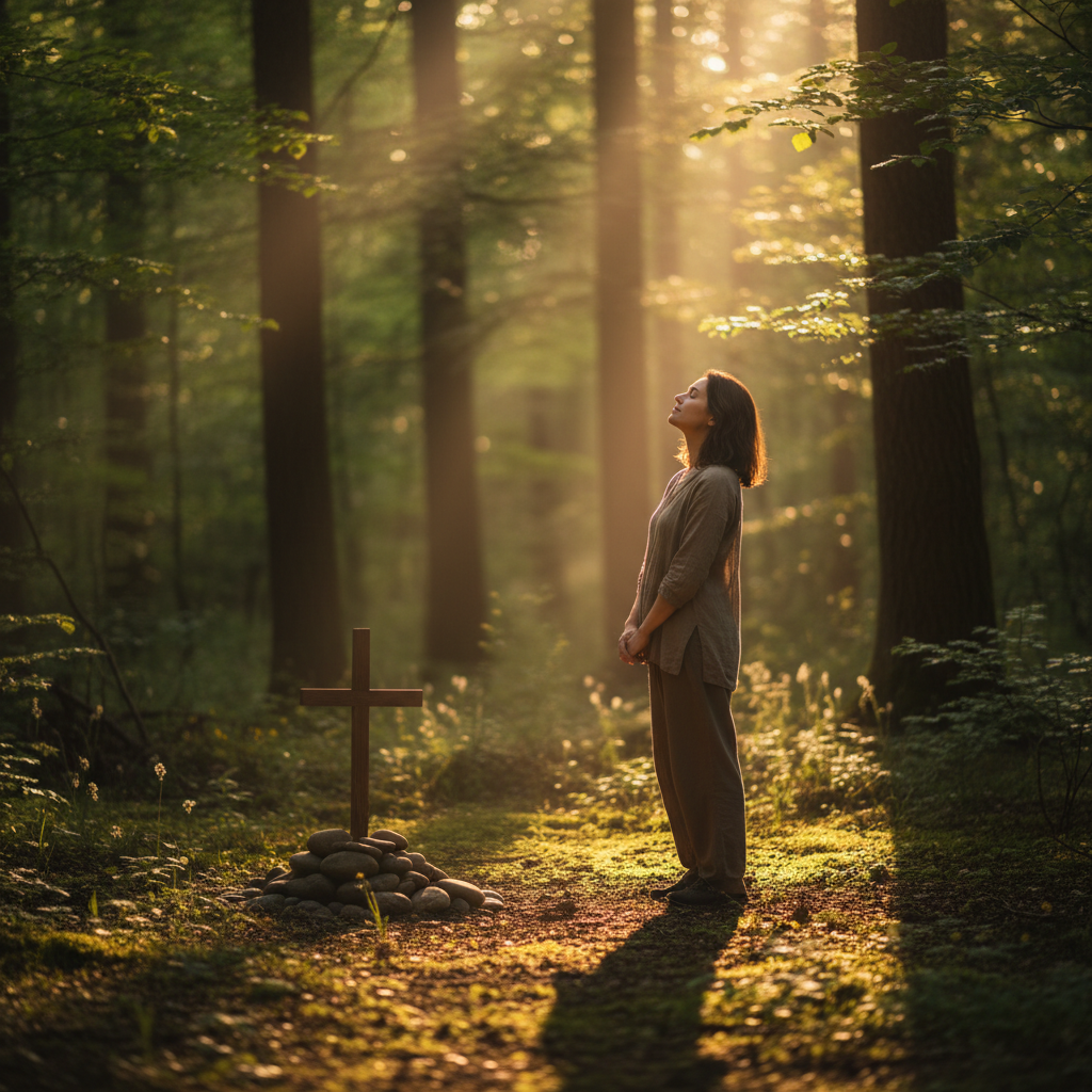 A person standing in a sunlit forest clearing, looking up at a simple wooden cross during golden hour.