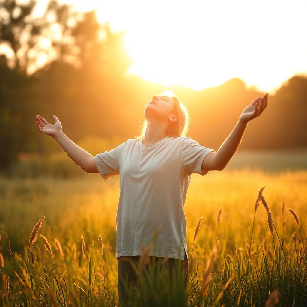 A person standing in a sunlit meadow with arms outstretched in worship during golden hour, surrounded by warm light and tall grass.