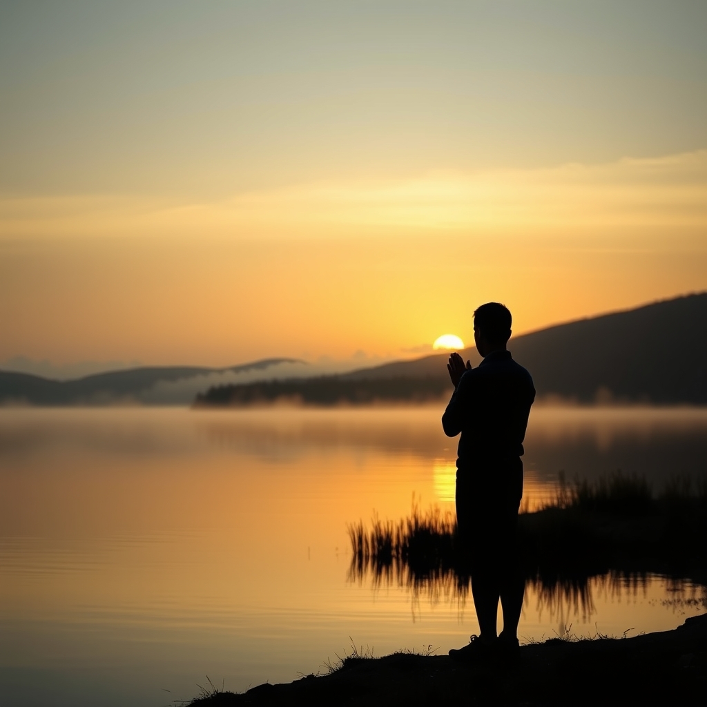 A person standing in prayer at a lakeside at dawn, silhouetted against a golden sunrise, with mist rising from the water, conveying spiritual reflection and quiet devotion.