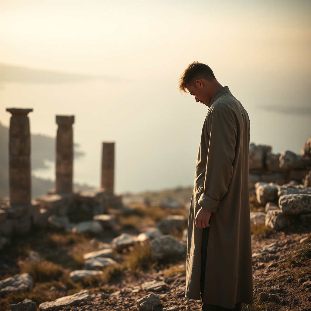 A person standing in quiet reflection among ancient ruins overlooking the Sea of Galilee in soft morning light