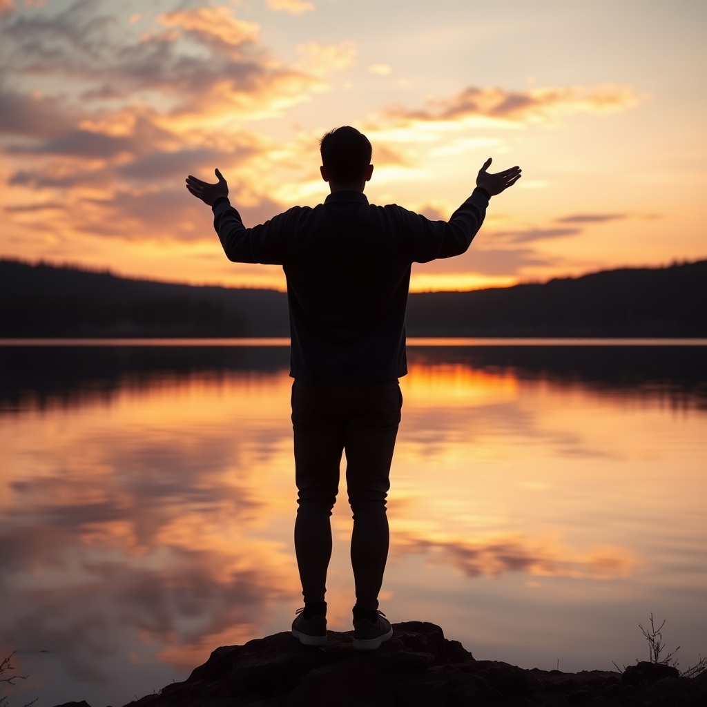 A person standing in silhouette at a lakeside sunrise with arms raised in worship, golden light reflecting on calm water.