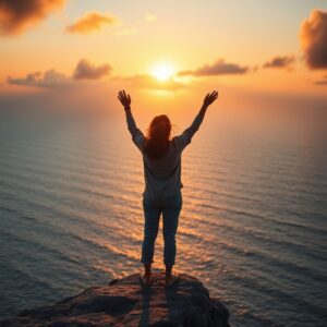 A person standing on a cliff overlooking the ocean at sunset, arms raised in worship, symbolizing surrender and devotion to Jesus.