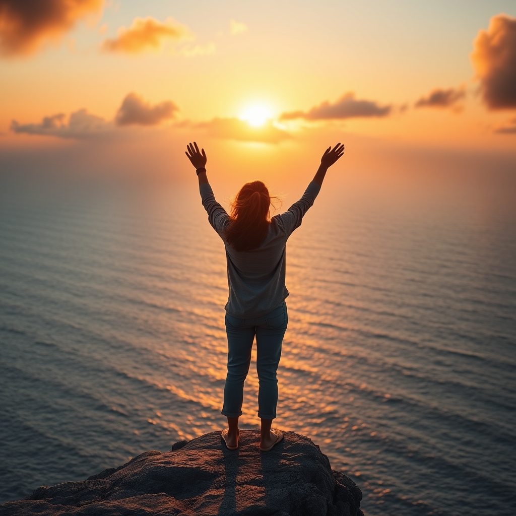 A person standing on a cliff overlooking the ocean at sunset, arms raised in worship, symbolizing surrender and devotion to Jesus.