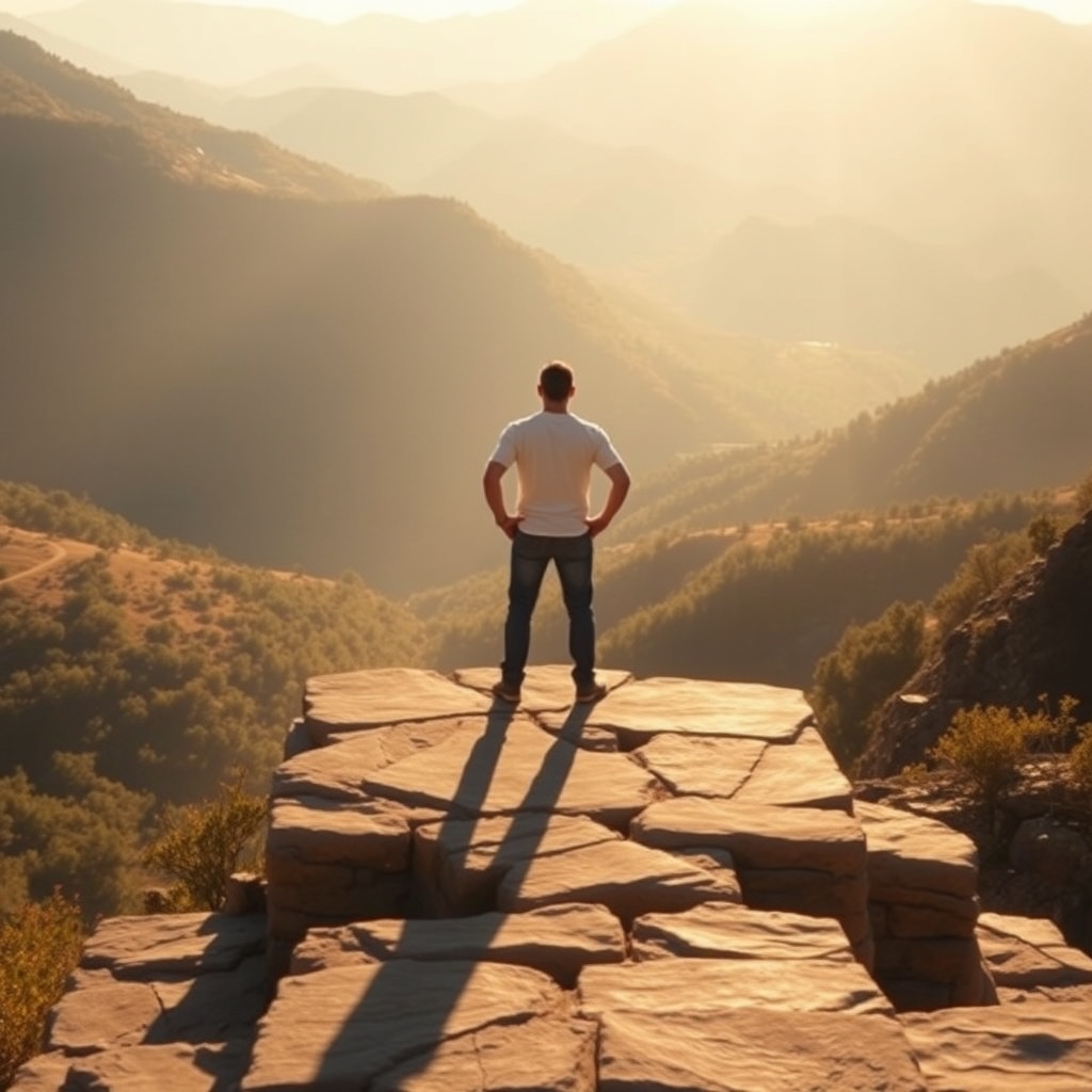 A person standing on a sunlit stone platform overlooking a golden valley at sunrise, symbolizing building one's life on Christ the Rock.