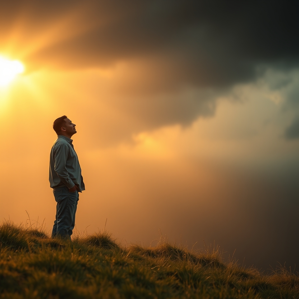 A person standing peacefully on a hillside looking toward golden light breaking through storm clouds, conveying hope and resilience.