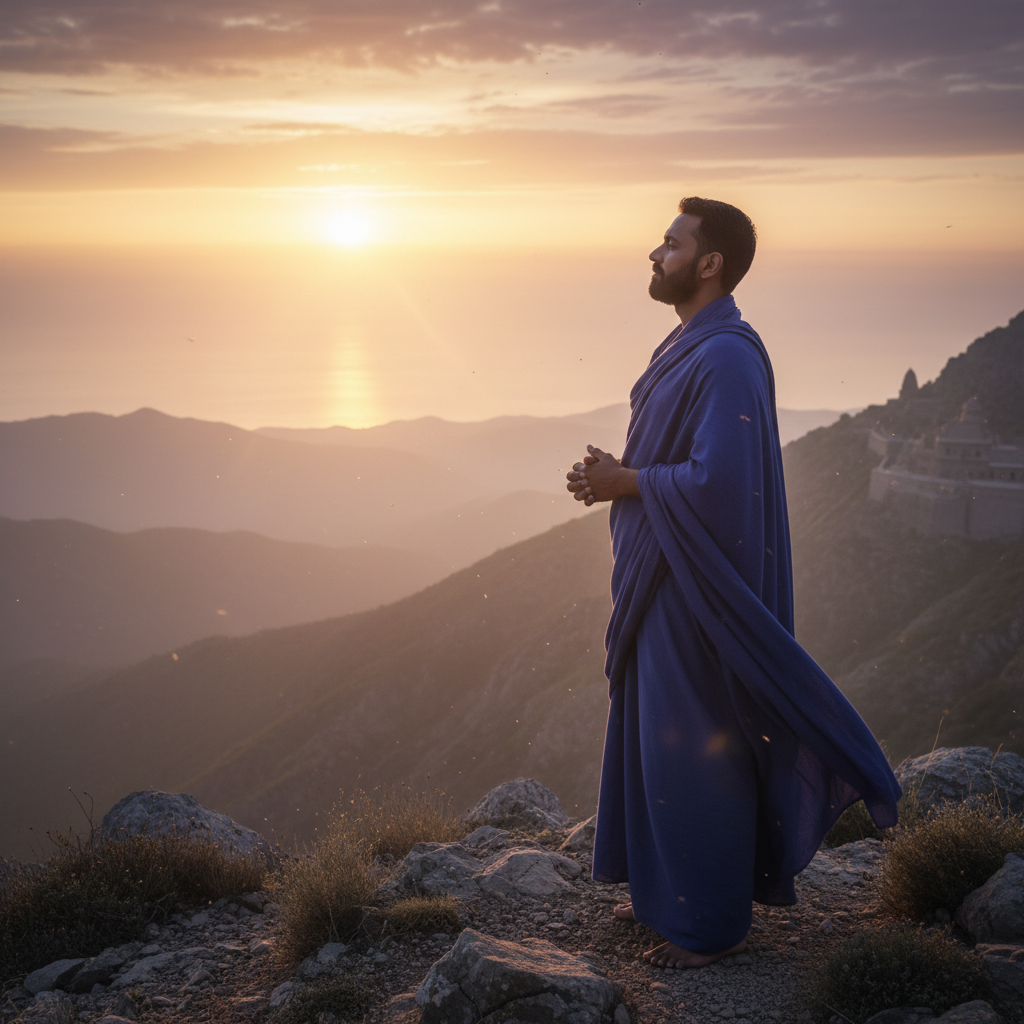 A person stands with a reverent posture, facing a powerful, softly glowing light source, symbolizing divine majesty.