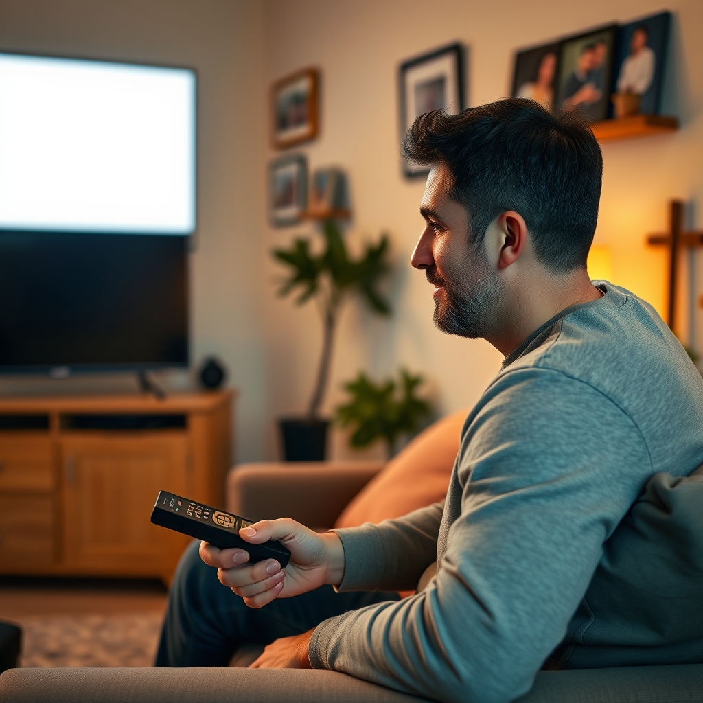A person thoughtfully holding a remote in a cozy living room, reflecting on whether to watch a film, representing the question of whether Jesus Christ Vampire Hunter is worth watching.