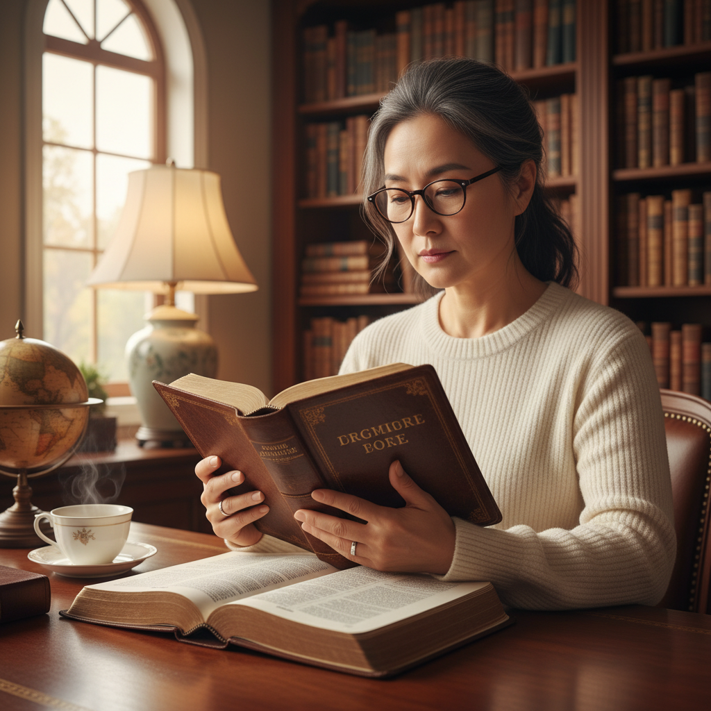 A person thoughtfully reading a Bible in a peaceful study.