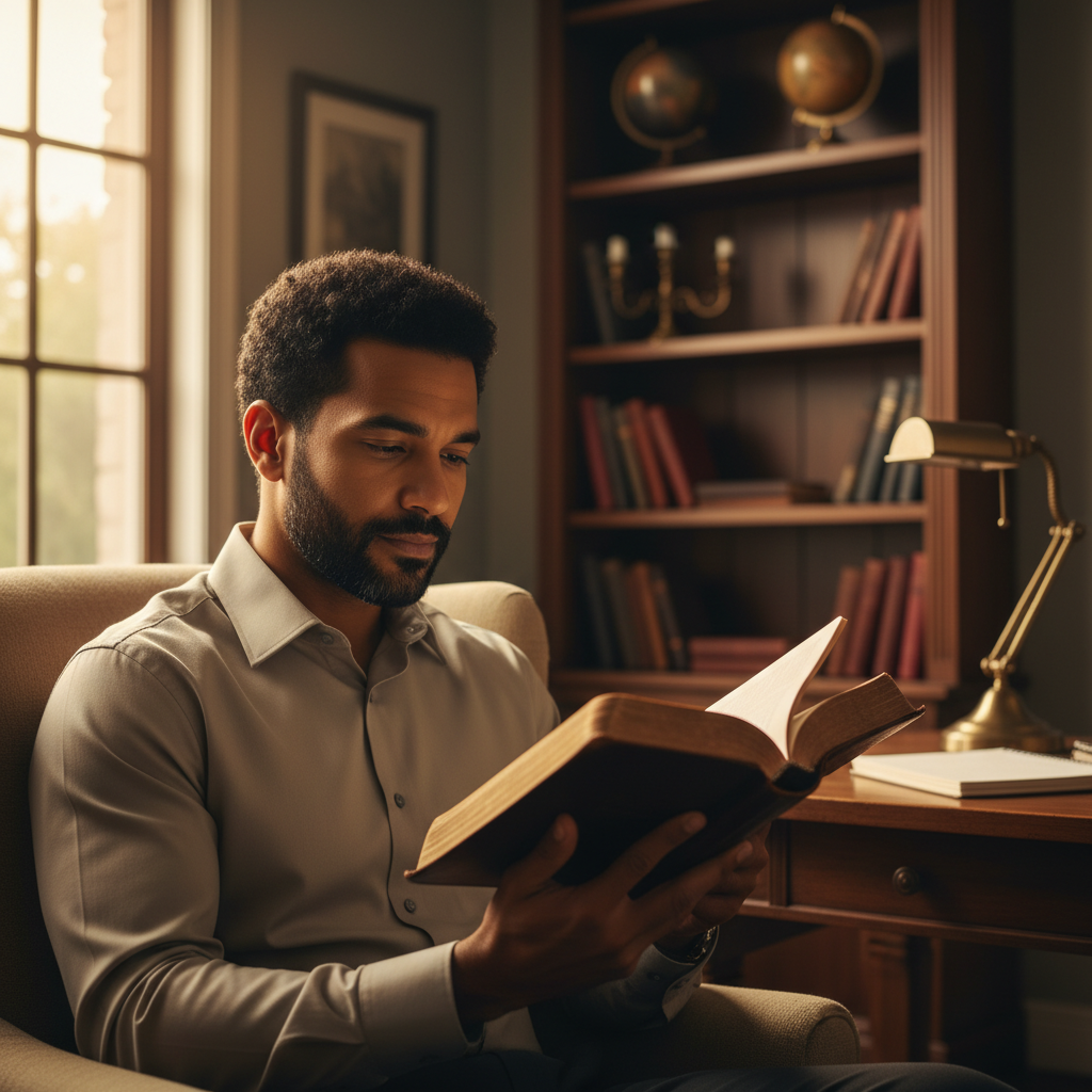A person thoughtfully reading an open Bible, reflecting deep spiritual understanding.