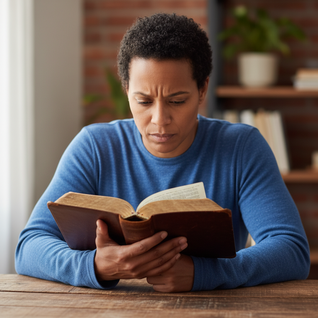 A person with a concentrated expression, studying an open Bible and reflecting on a challenging spiritual concept.