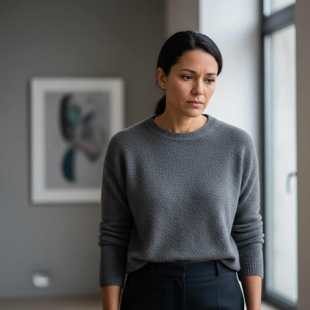 A person with a pensive expression, appearing burdened, standing in a modern room, symbolizing a struggle with sin.