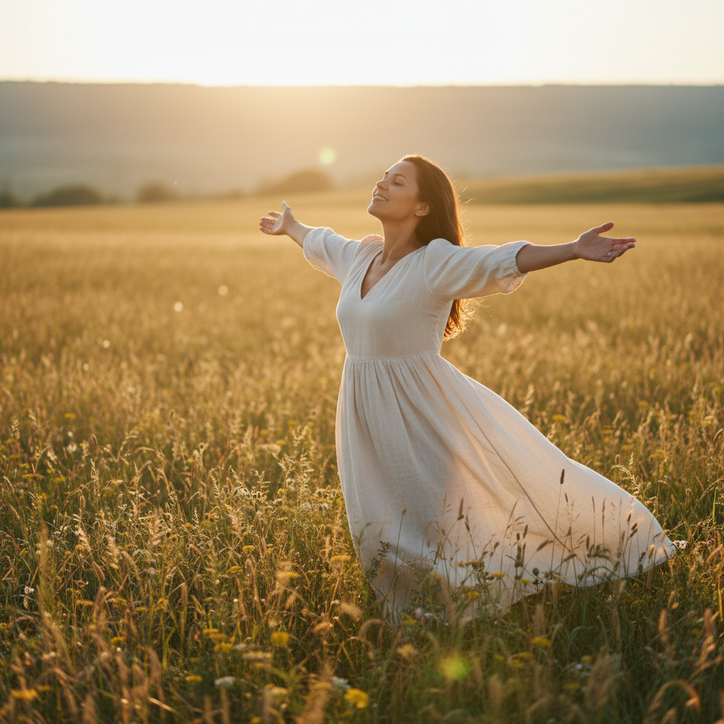 A person with a serene and joyful expression, standing in warm sunlight, signifying peace and new beginnings.