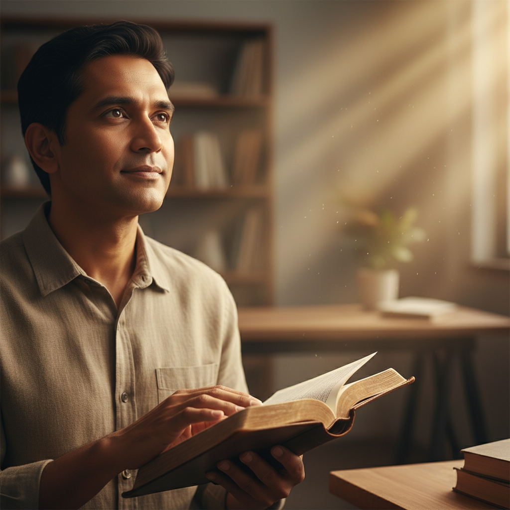 A person with a serene expression, reflecting on an open Bible in soft light.