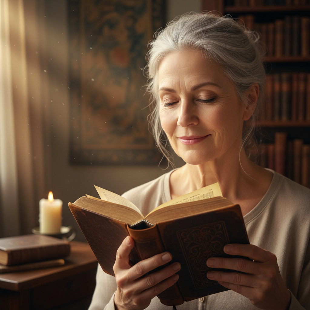 A person with a thoughtful expression gently touching an an open Bible, reflecting deep understanding.