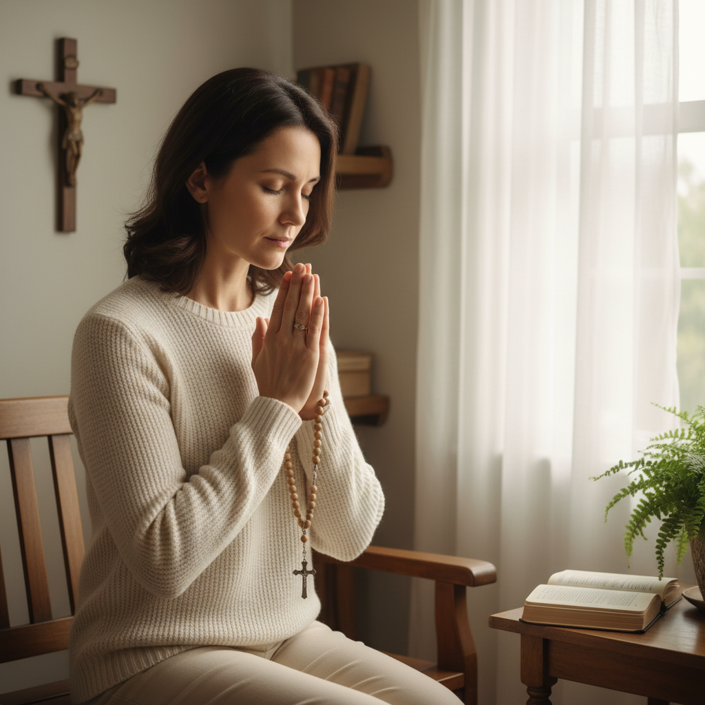 A person with hands clasped in prayer, deeply focused and serene.