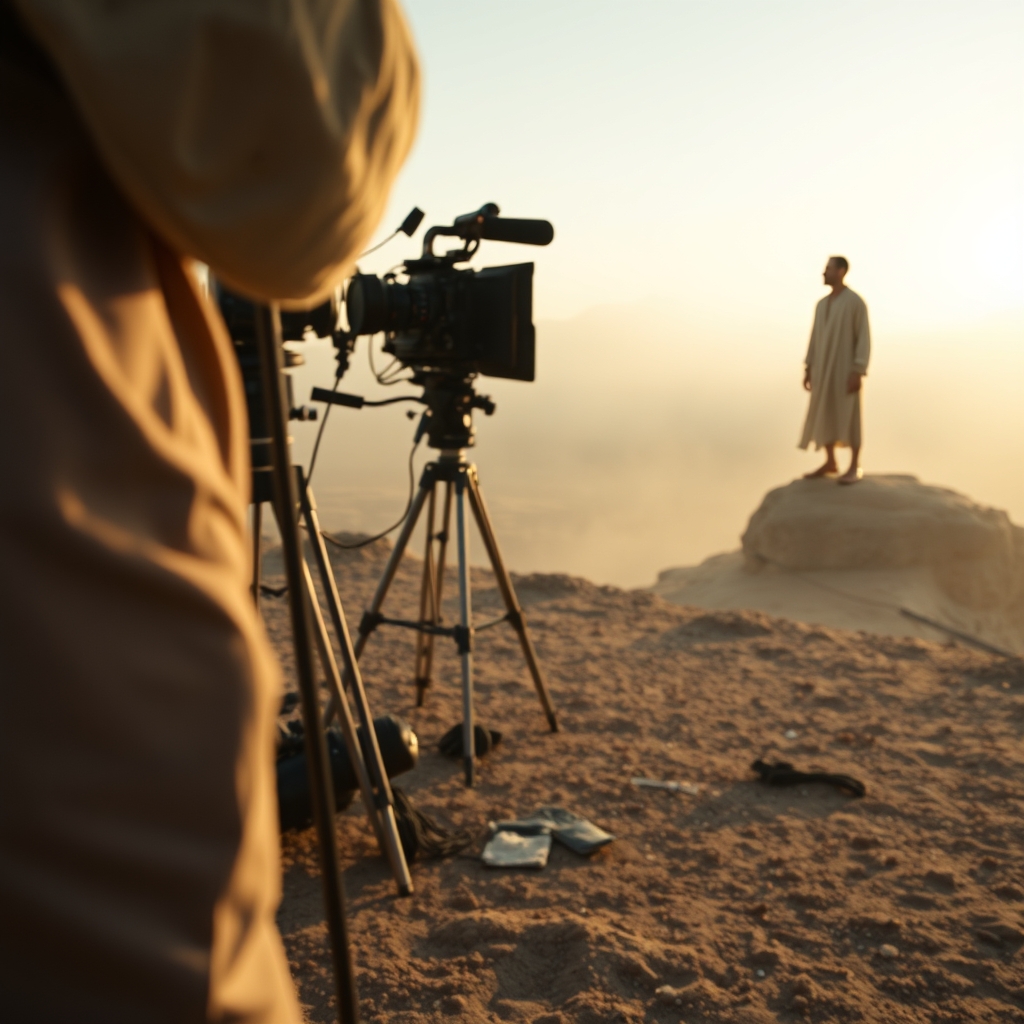A photorealistic behind-the-scenes film set showing a robed figure on a rocky outcrop with film crew and equipment under golden morning light