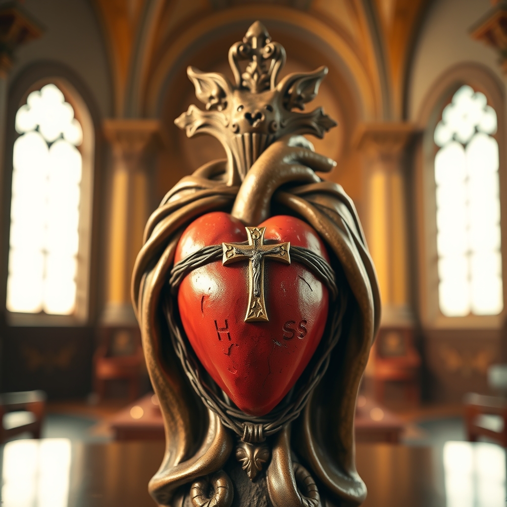 A photorealistic close-up close-up of a Sacred Heart of Jesus devotional statue with warm lighting and shallow depth of field, on a reverent display.