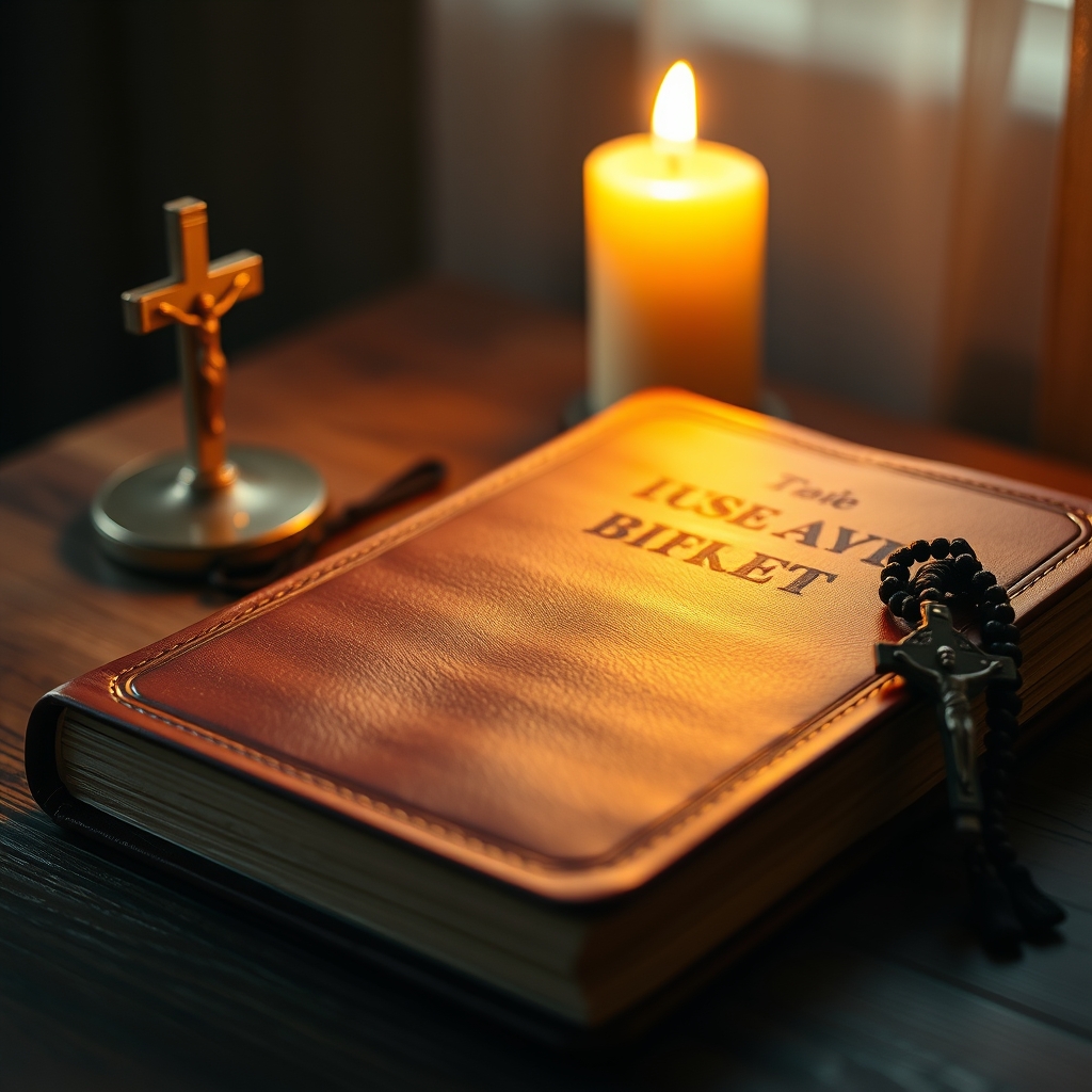 A photorealistic close-up of a leather-bound Bible resting on a wooden surface with soft candlelight, a small crucifix and rosary arranged nearby, creating a warm and reverent spiritual atmosphere.