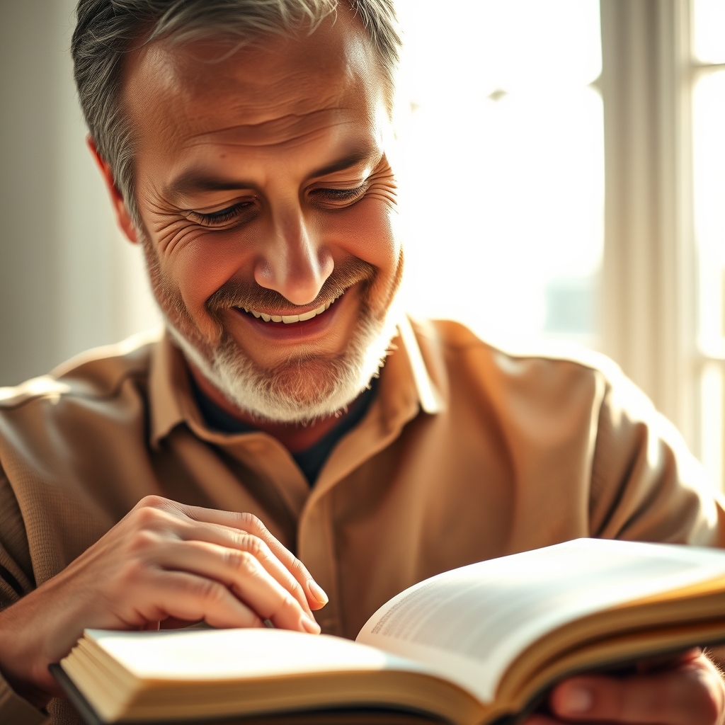 A photorealistic close-up of a mature Christian man reading a Bible with soft, peaceful expression, warm light, and a shallow depth of field
