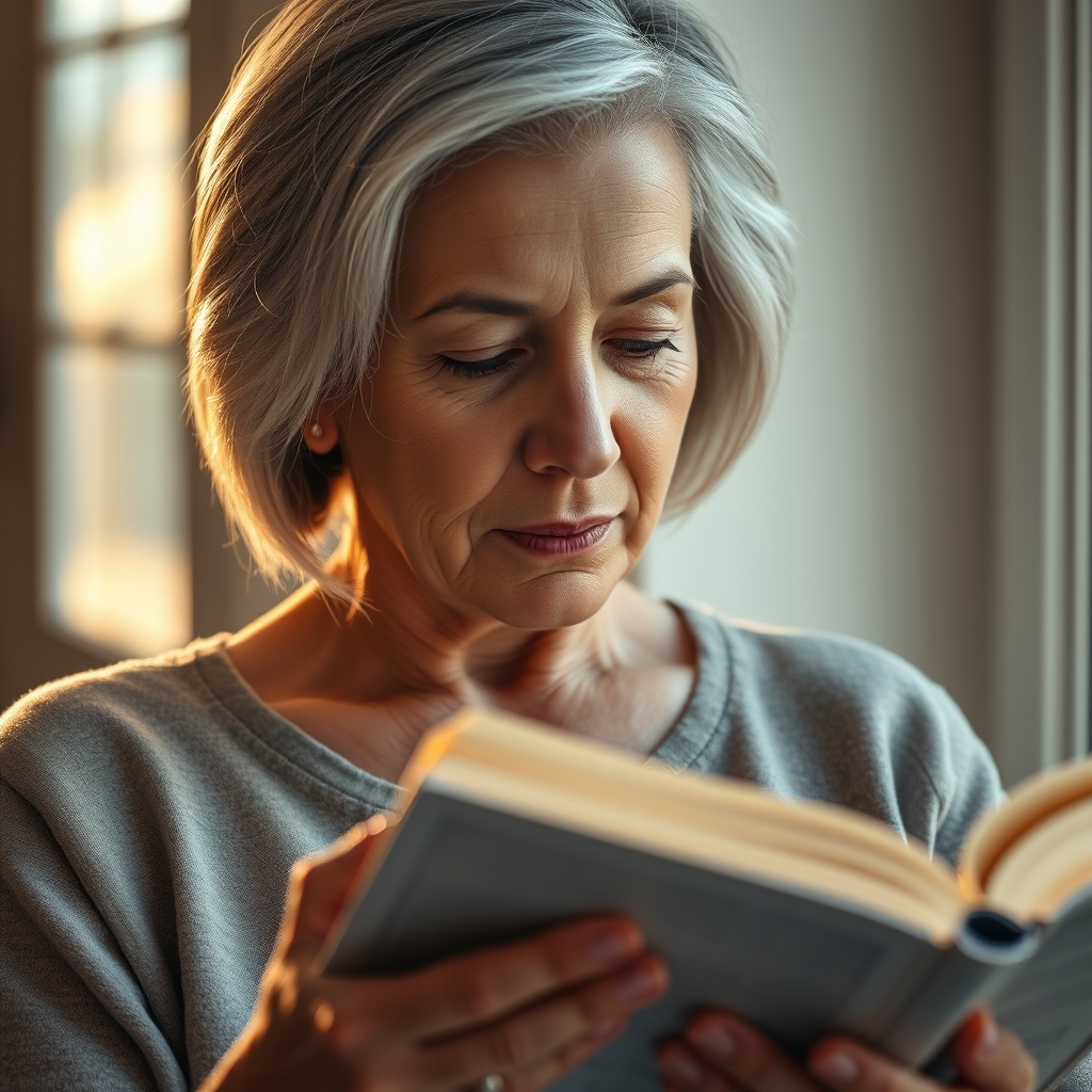 A photorealistic close-up of a mature Christian woman with warm, gentle reading an open Bible with both hands, soft natural morning light, shallow depth of field