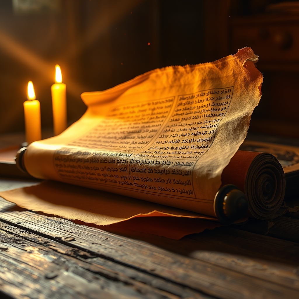 A photorealistic close-up of an ancient Hebrew scroll illuminated by warm candlelight, revealing sacred Hebrew calligraphy against a rich amber-toned wooden surface, evoking the historical and scriptural roots of the name Yeshua Ben Yosef