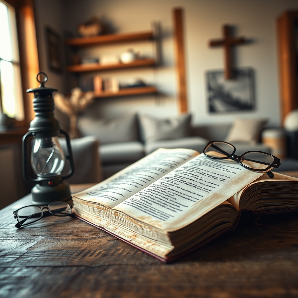 A photorealistic close-up of an open Bible on a wooden table with an oil lamp, soft natural light, and a cross visible in the background.