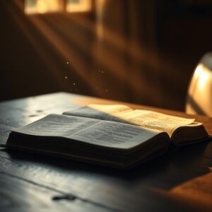 A photorealistic close-up of an open, weathered Bible resting on dark wood in warm golden light, with dust particles floating gently in the light, conveying a reverent, contemplative Christian atmosphere without depicting any image of Jesus.