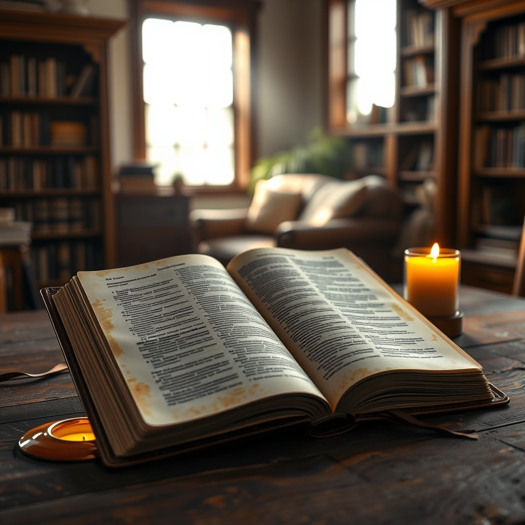A photorealistic close-up of an open weathered Bible in a serene, warmly lit study, symbolizing foundational scriptures.