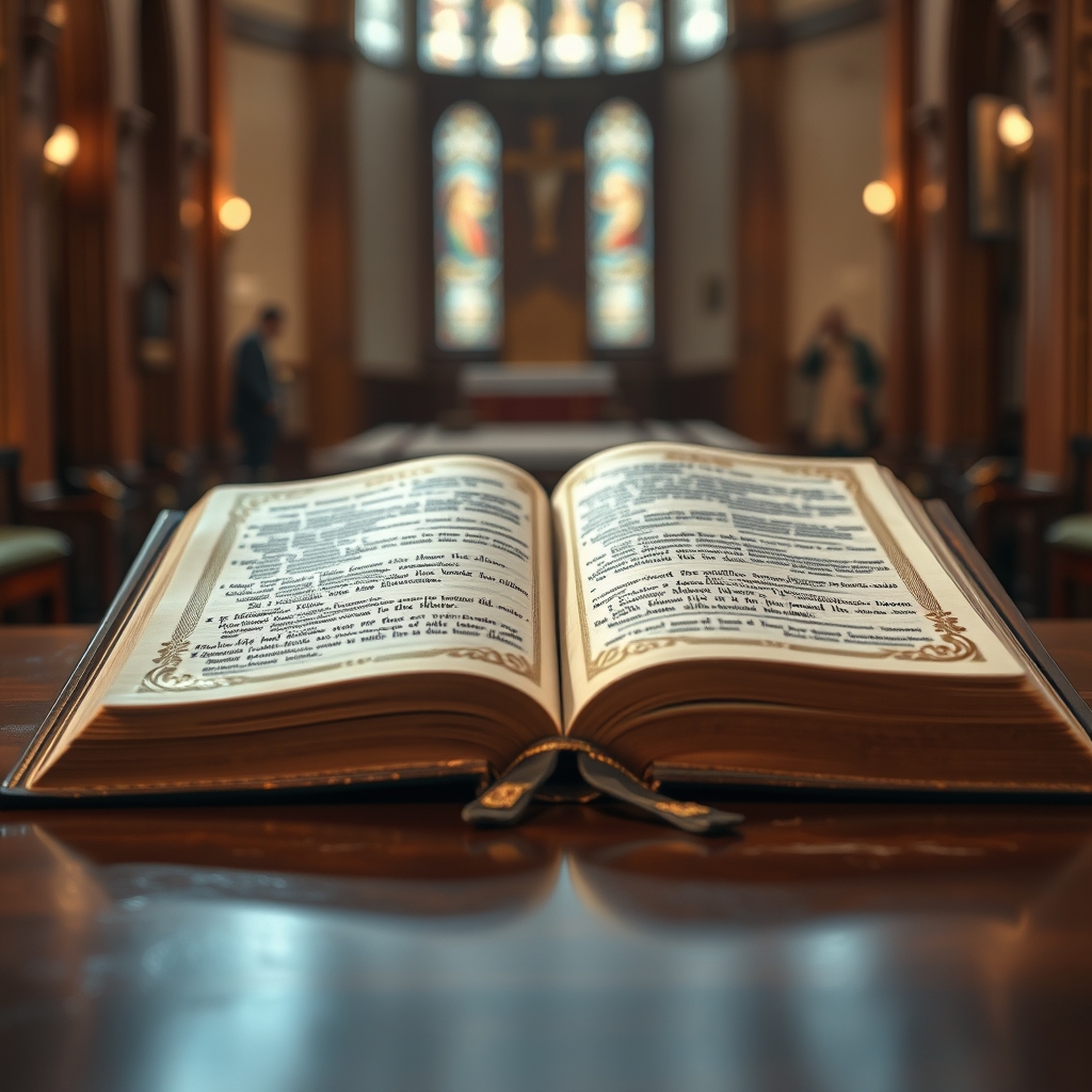 A photorealistic close-up of an ornate, gilded-edged Bible open on a desk, highlighting calligraphic pages with soft warm lighting and shallow depth of field.