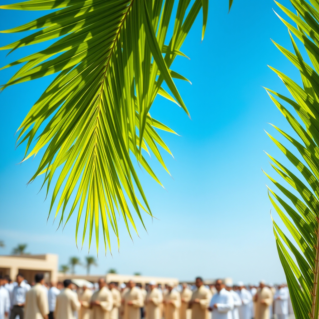 A photorealistic close-up of green palm fronds held against a bright blue sky, with a blurred crowd in the background.