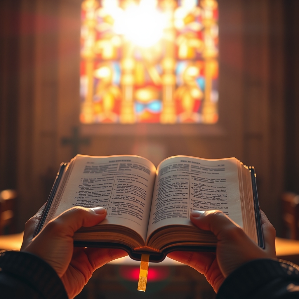 A photorealistic close-up of weathered hands holding an open Bible bathed in warm golden-hour light streaming through a stained glass window, symbolizing reverence and the search for truth about Jesus Christ's divine identity.