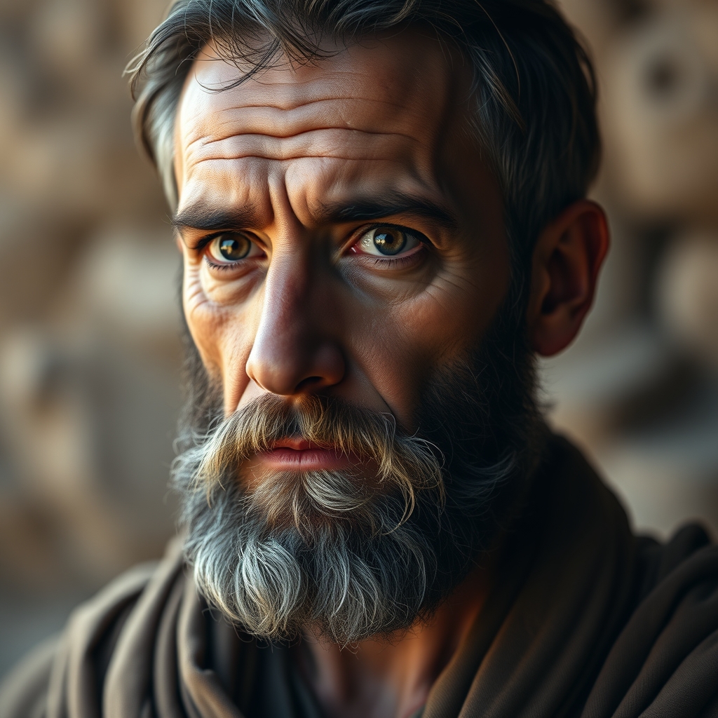 A photorealistic close-up portrait of Apostle Peter, showing his earnest and devoted expression.