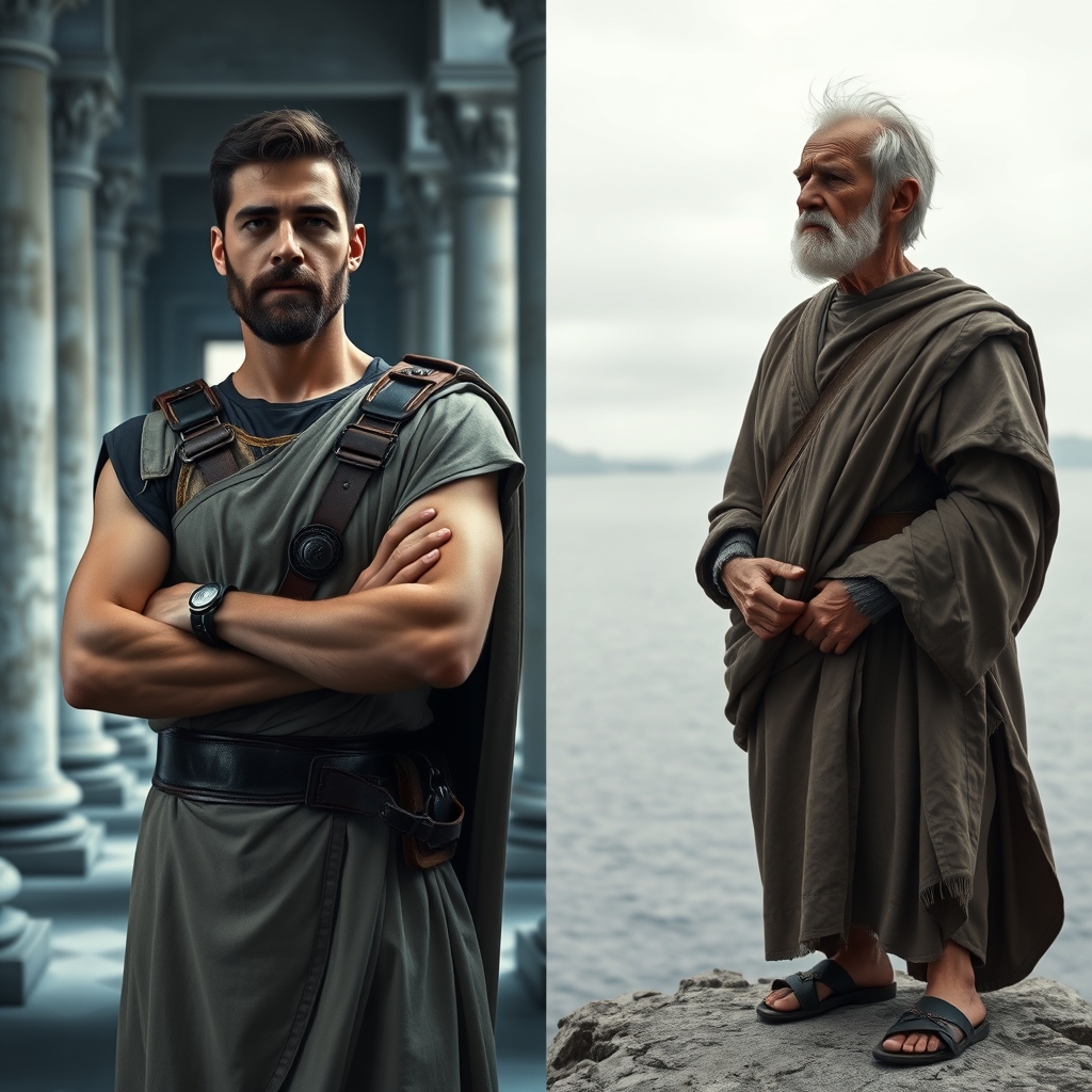 A photorealistic conceptual image comparing Pilate in two roles: powerful and authoritative in a Roman official setting versus broken and reflective in a natural landscape, illustrating moral complexity.