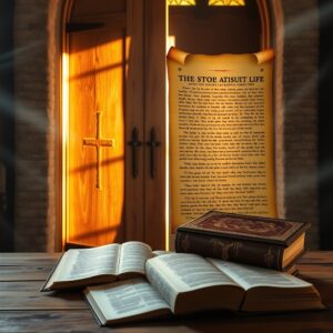 A photorealistic contemplative scene featuring an ancient church cross, parchment scrolls, and soft natural light evoking reverence and scholarly reflection on timeless truths