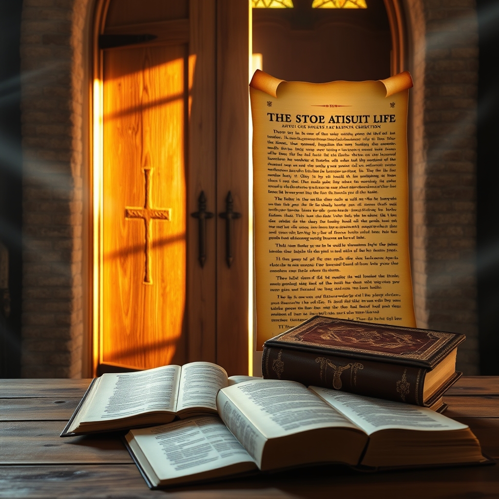 A photorealistic contemplative scene featuring an ancient church cross, parchment scrolls, and soft natural light evoking reverence and scholarly reflection on timeless truths