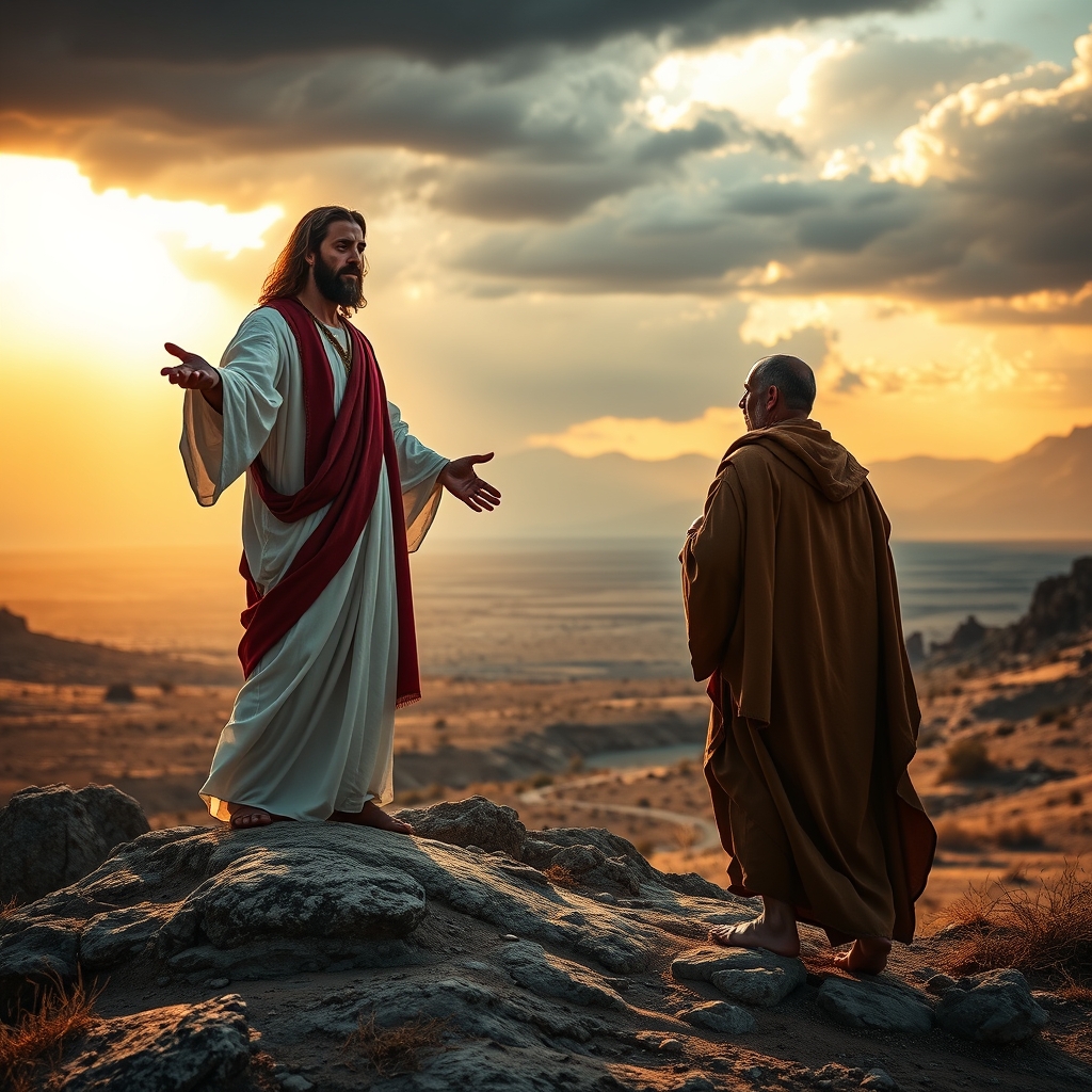 A photorealistic depiction of Jesus Christ on a rocky hillside in flowing robes, speaking with holy authority to a man in ancient garments, bathed in golden-hour sunlight with a dramatic desert landscape in the background.