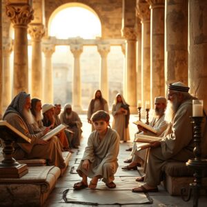 A photorealistic depiction of the boy Jesus at age twelve sitting among astonished Jewish scholars and teachers in the ancient Jerusalem Temple courts, surrounded by scrolls and sacred texts, bathed in warm golden-hour light with his parents Mary and Joseph approaching in the background.