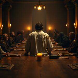 A photorealistic depiction of the Upper Room where Jesus shared his final meal with his disciples, capturing the solemn tension between Christ and Judas Iscariot at the moment leading to betrayal, illuminated by warm candlelight against rich, shadowed tones.