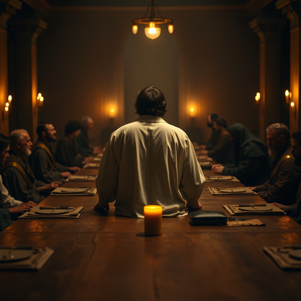 A photorealistic depiction of the Upper Room where Jesus shared his final meal with his disciples, capturing the solemn tension between Christ and Judas Iscariot at the moment leading to betrayal, illuminated by warm candlelight against rich, shadowed tones.