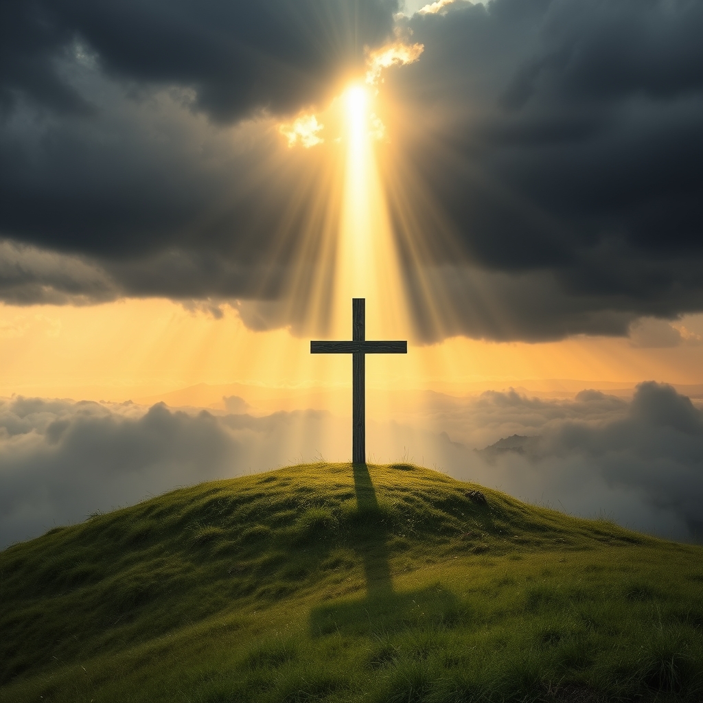 A photorealistic dramatic scene of brilliant golden light breaking through storm clouds and illuminating a wooden cross on a misty hilltop at dawn