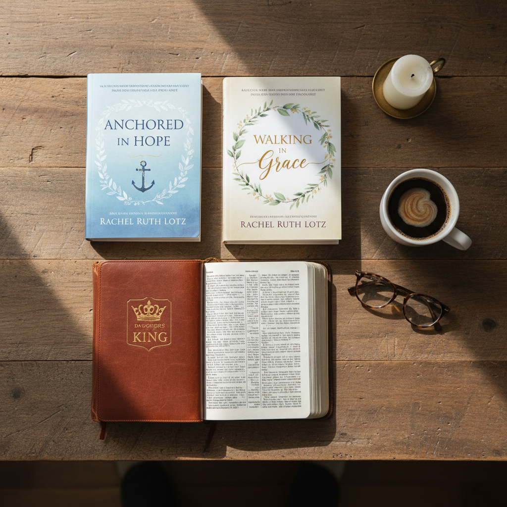 A photorealistic flat-lay of Rachel Ruth Lotz's Christian books arranged on a wooden table with a Bible, coffee, and reading glasses.