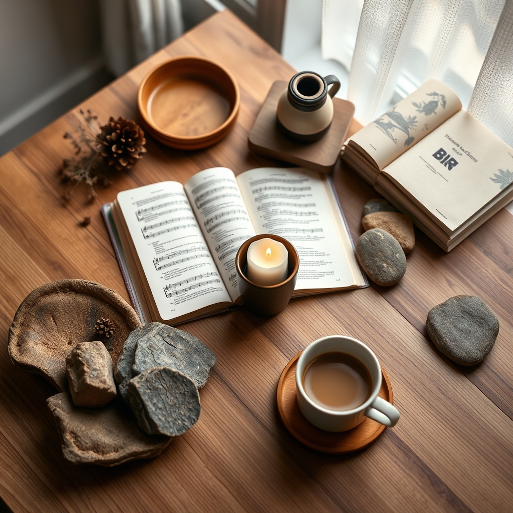 A photorealistic flatlay photograph of a clean coffee cup and candle descending from a wide-angle perspective, in fine art lifestyle photography style