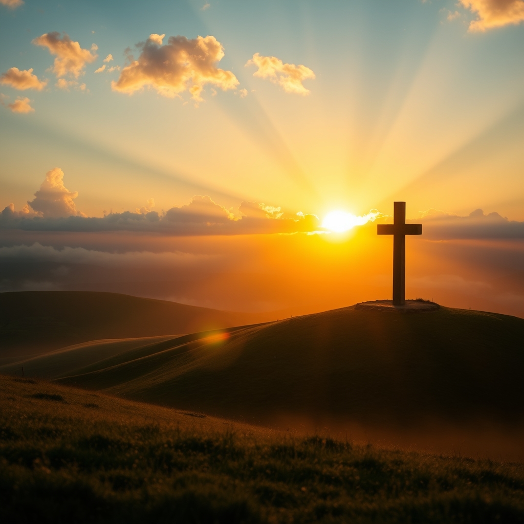 A photorealistic golden sunrise over misty green hills with a distant stone cross silhouetted against glowing, ethereal light, symbolizing the divine significance and eternal hope found in the name of Jesus.
