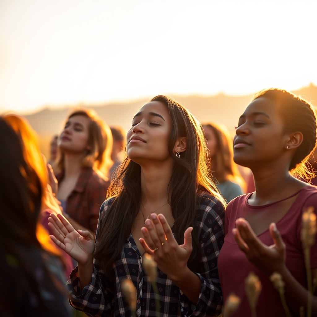 A photorealistic, high-quality stock photo depicting a diverse group of Christians in a sunlit meadow, hands raised in prayer and worship, symbolizing surrender to Christ as Lord and Savior. The warm golden hour lighting and shallow depth of field capture expressions of peace, conviction, and hope. shot with a Canon EOS R5, 85mm lens, f/1.8 aperture, in a professional photography style.