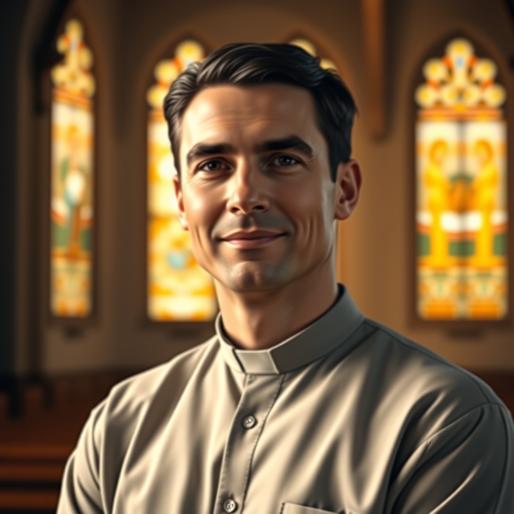A photorealistic, high-quality stock photo of a man in his early 30s with short dark hair and a gentle expression, wearing a simple but dignified outfit, standing against a softly lit church interior with warm golden light filtering through stained glass windows, professional photography, photorealistic, high-quality stock photo style
