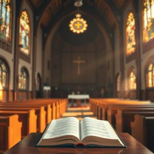 A photorealistic, high-quality stock photo of a peaceful Christian church interior with stained glass, an open Bible, and a cross, symbolizing biblical worship and faith.
